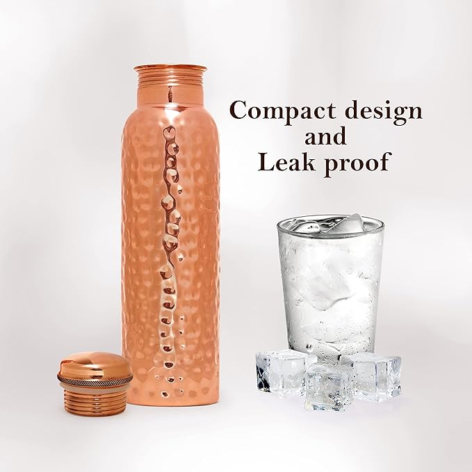 Eunoia Copper Water Bottle with Lid 32 oz, Handmade Ayurvedic Copper Bottle Water Vessel, Gym Water Bottle for Sports Exercise Yoga Fitness, Hammered Natural