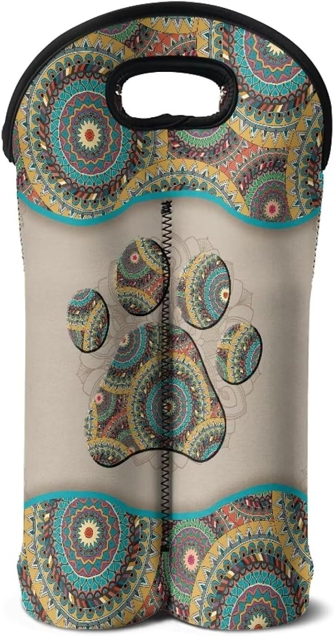 doginthehole Boho Dog Paw Print Wine Carrier Travel Bag 2 Bottle Wine Tote Portable Neoprene Champagne/Water Bottle/Beer/Drinks Carrying Bag for Travel, Picnic, Party