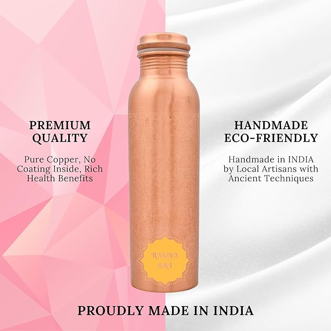 Pure Copper Metal Water Bottle - 32 oz - Indian Handmade Ayurveda Healing Drinking Water Bottle for Travel, Hiking, Gym, Office, Outdoor - Glossy Etching