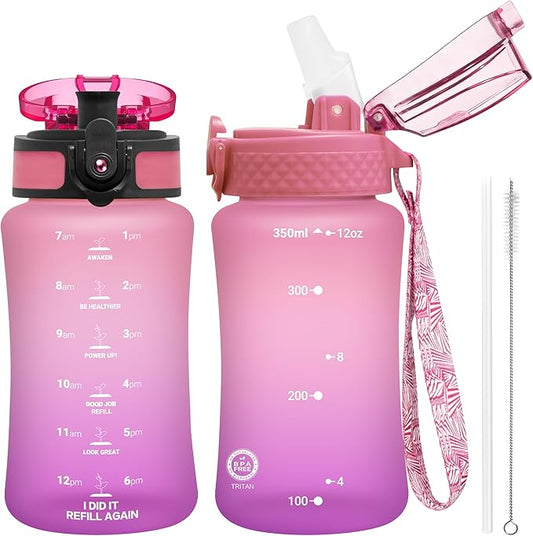 OLDLEY Kids Water Bottle for School, 12 oz (2 lids) BPA-Free Reusable Leak-proof Durable Tritan Plastic Water Bottles with Straw & Chug Lids, Anti-dust Spout Cover (Sweet Pink)