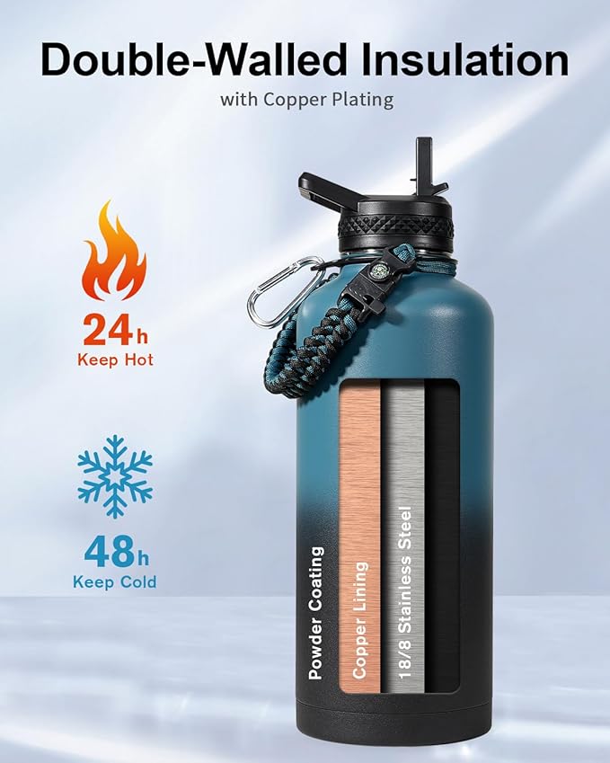 Trebo Water Bottle 87oz with Paracord Handle, Food-grade Double Wall Vacuum Stainless Steel Insulated Jug with Straw Spout Handle Lids, Leakproof Keep Cold & Hot,Indigo/Black