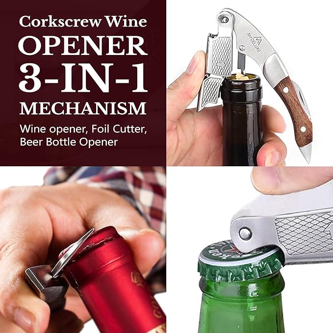 Premium AM DELUXE Waiter Corkscrew Wine Opener - Wine Key For Servers Bartenders, Heavy Duty Stainless Steel With Rosewood Inlay, Serrated Foil Cutter, Cork Screw Wine Bottle Opener, Magnetic Gift Box
