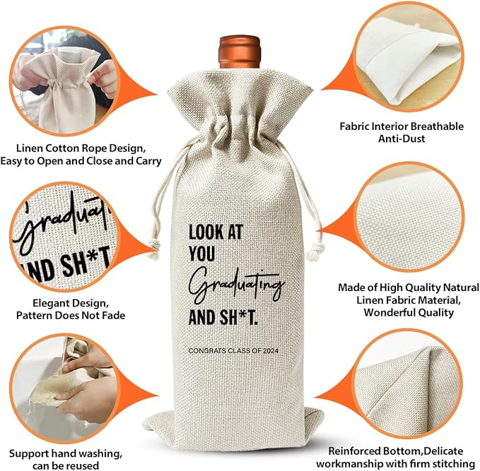 Graduation Gift Wine Bag For Her Him Nurse Doctor Teacher Graduation Party, University College Graduate, Graduation Party Decoration, Drawstring Cotton Linen Wine Bag