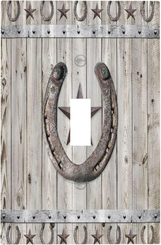 Rustic Western Wood Barn Door Horseshoe Iron Star 1 Gang Light Switch Covers Single Toggle Wall Plate Decorative Switchcover Electrical Switchplate for Farmhouse Country Bedroom Decor