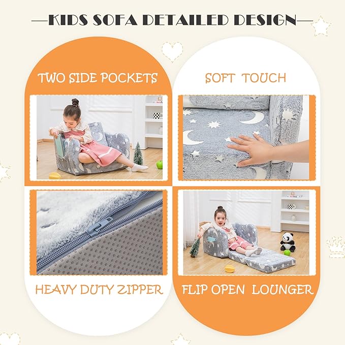 Baby Toddler Baby Sofa Couch for Kids Foldable 2-in-1 Fold Out Couch Bed for Playroom, Pull Out Children Convertible Sofa to Lounger Sleeper Chair for Boys & Girls with Double Pockets - Glowing Grey