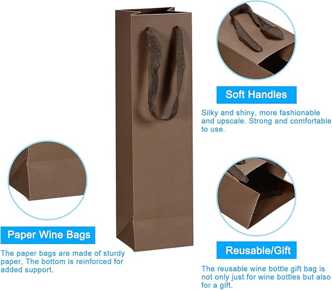 uxcell Wine Bags, 24pcs Brown 4 x 4 x 14 In Wine Gift Bags with Handles Paper Wine Tote Bag for Wedding Birthday Christmas Party Supplies