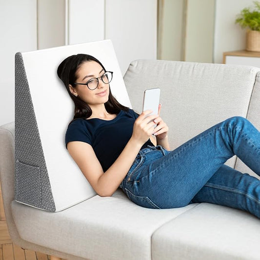 Wedge Pillow for Sleeping, 8 inch Bed Wedge Pillow, Elevated Body Pillow for Back Support, Acid Reflux, Leg, Neck Pain, Snoring, Triangle Pillow Wedge -Removable Cover, White/Grey