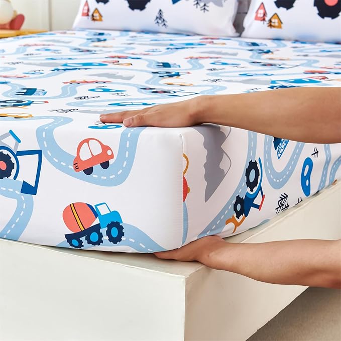 RYNGHIPY Kids Full Bed Sheets: Cars Print Sheets Set for Boys - Breathable Wrinkle Free Microfiber Flat Sheet Fitted Sheet and Pillowcases (White,Full)