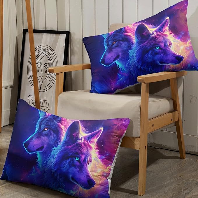 AILONEN Wolf Fitted Sheet Set Queen Size for Boys,Purple Galaxy Wolf Bed Sheet Set for Kids Teen, 3 Pieces Safari Wolf Sheet Set,Starry Wolves Fitted Sheet with 2 Pillowcases