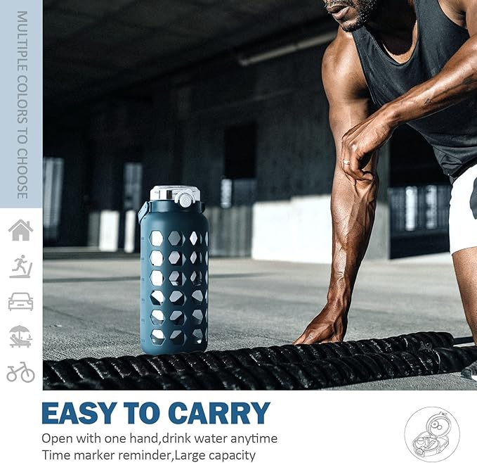 MUKOKO Half Gallon/64 oz Glass Water Bottles with Straw and Lid,Motivational Water Jug with Time Marker Reminder and Silicone Sleeve,100% Leakproof BPA Free Fitness Sports Large Bottle-Blue