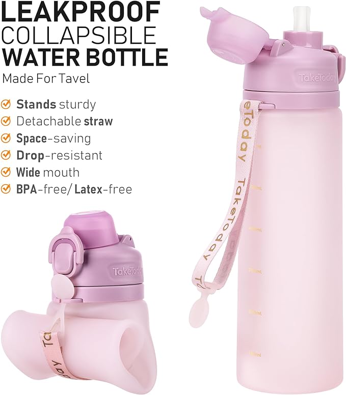 Collapsible Water Bottles 20oz, Leak Proof, BPA-Free, Foldable Silicone Travel Water Bottle with Straw Strap for Cycling, Hiking, Outdoors
