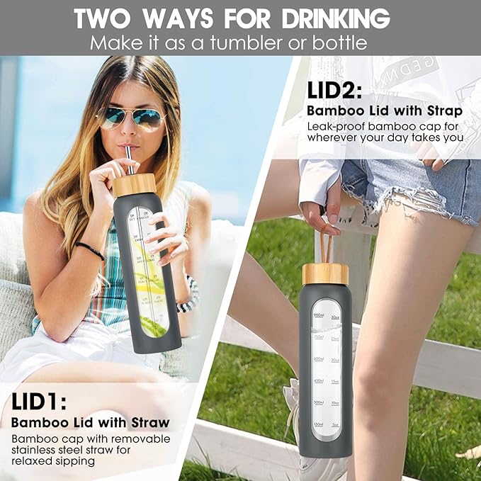 32 oz Glass Water Bottles with Straw - Motivational Glass Water Bottle with Time Marker & Silicone Sleeve - Reusable Glass Tumbler Includes 2 Bamboo Lids & Fruit Infuser - 1 Pack