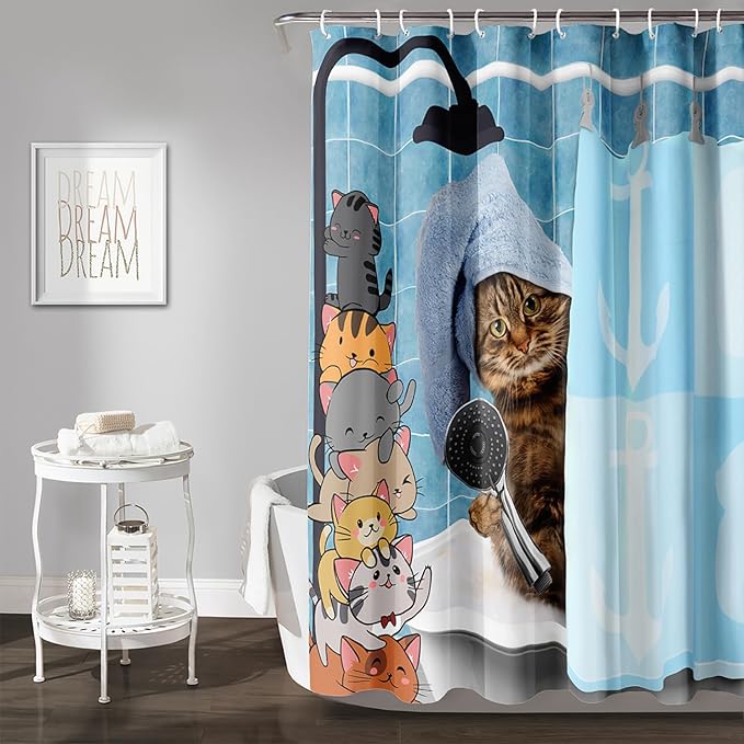 AILONEN Funny Cat Shower Curtain for Kids 36"W*72"H Inch, Cartoon Animal Bathroom Curtain,12 Pack Hooks Polyester Waterproof Fabric Decor for Bathroom,Cute Kitten Taking Shower Cloth Fabric Bathroom