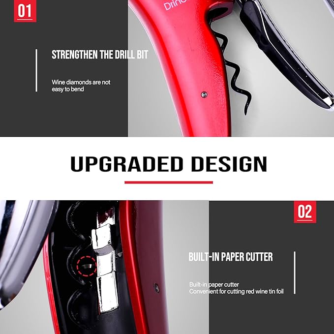 Vertical Lever Corkscrew with Non-Stick Worm, Compact Rabbit Wine Opener Wine Bottle Opener with built-in Foil Cutter (Red)