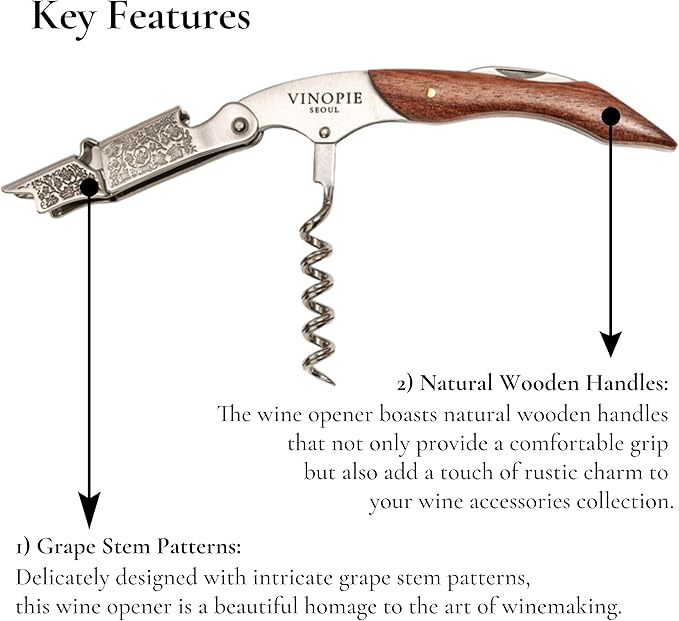 Professional Wood Grapevine Pattern Sommelier Knife With Black Leather Wine Keyring with Ergonomic Wood Grip, Beer Bottle Opener Foil Cutter Waiters Corkscrew Wine Opener