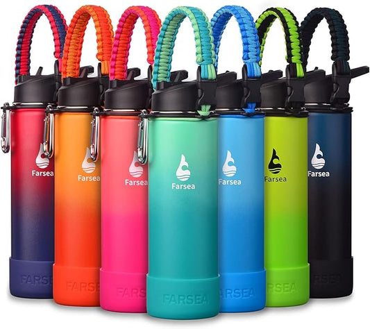 Farsea Insulated Water Bottle With Paracord Handle, Protective Silicone Boot and 2 Lids (Straw Lid & Spout Lid), Stainless Steel Water Bottle Wide Mouth, Double Wall Sweat-Proof BPA-Free, 24 oz