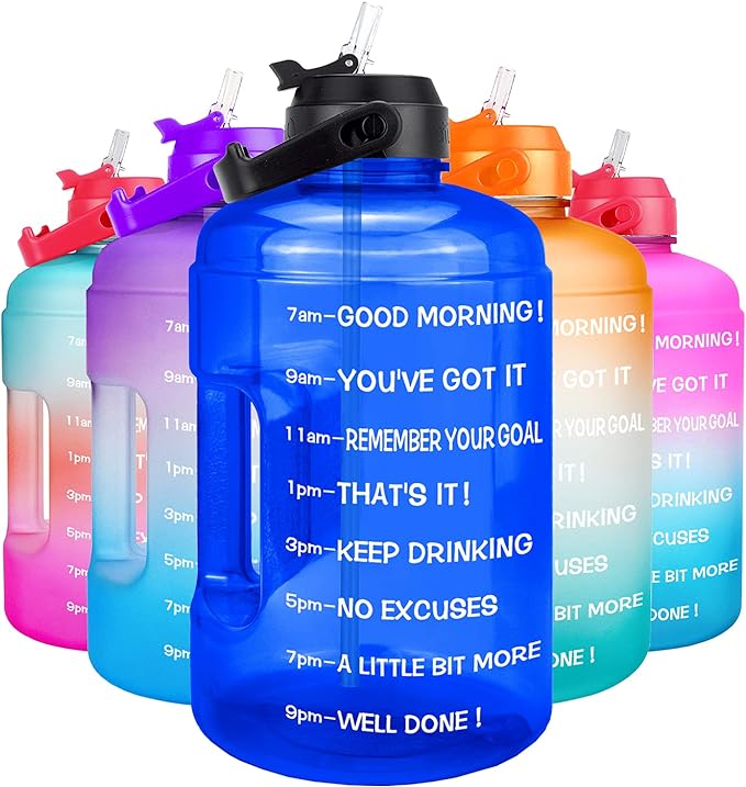 QuiFit 1 Gallon Water Bottle - with Straw & Motivational Time Marker Leak-Proof BPA Free Reusable Gym Sports Outdoor Large(128OZ) Capacity Water Jug(Blue,1 Gallon)