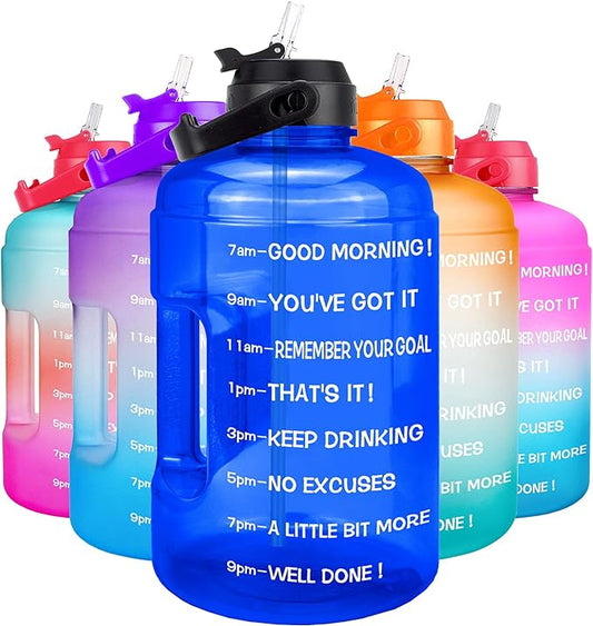 QuiFit 1 Gallon Water Bottle - with Straw & Motivational Time Marker Leak-Proof BPA Free Reusable Gym Sports Outdoor Large(128OZ) Capacity Water Jug(Blue,1 Gallon)