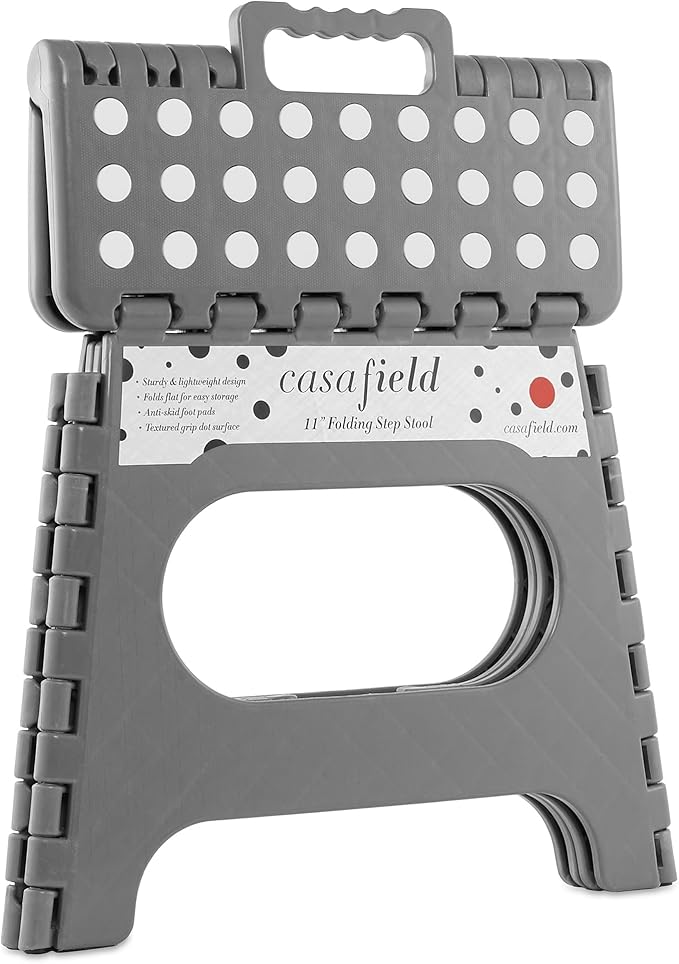 Casafield 11" Folding Step Stool with Handle, Gray - Portable Collapsible Small Plastic Foot Stool for Kids and Adults - Use in The Kitchen, Bathroom and Bedroom