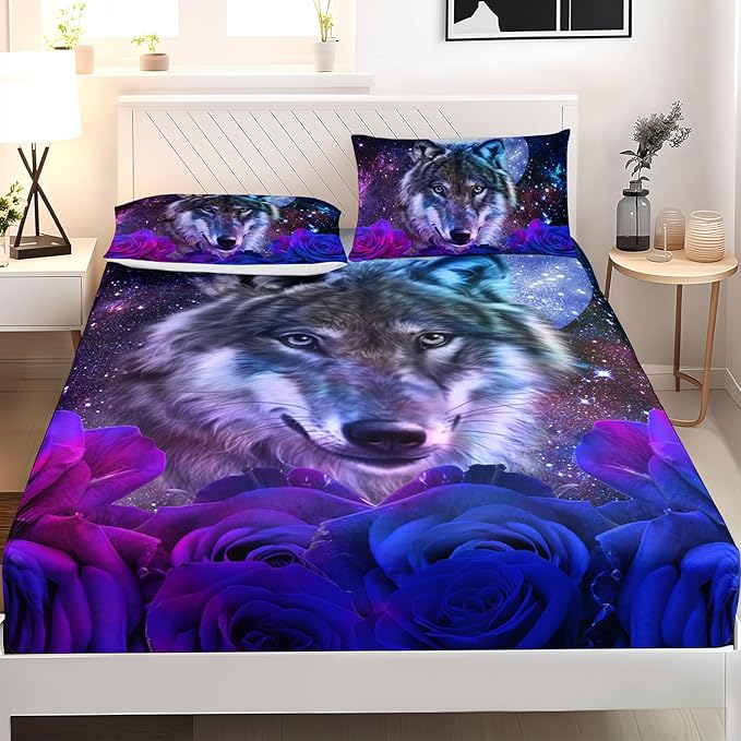 AILONEN Wolf Print Fitted Sheet Set Twin Size, Moon Galaxy Wolf Bed Sheet Set Twin,3 Pieces Twin Romantic Blue Rose Wolf Fitted Sheet with 2 Pillowcases
