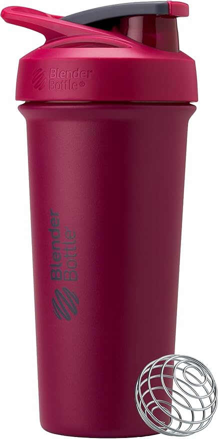 BlenderBottle Strada Sleek Shaker Cup Insulated Stainless Steel Water Bottle with Wire Whisk, 25-Ounce, Raspberry