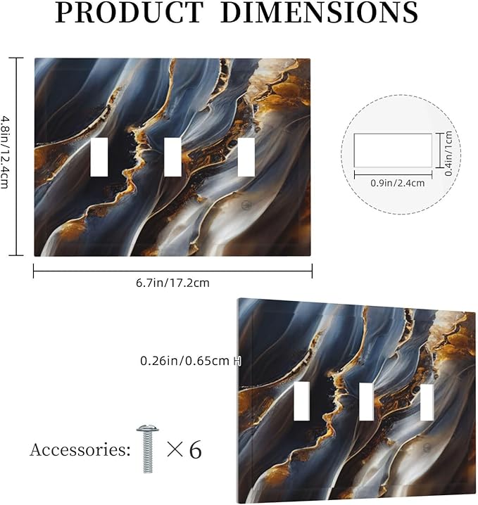 Gradient Abstract Ripple Blue Gold Marble Printed 3 Gang Light Switch Covers Triple Toggle Wall Plate Decorative Switchplate Electrical Faceplate for Kitchen Bathroom Bedroom Decor