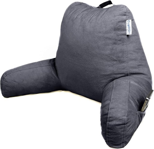 ComfortSpa Reading Pillow for Bed Adult Size, Back Rest Pillow with Arms, Pockets and Washable Cover; Use as a Back Pillow for Bed Sitting Up for Bedrest or Relief from GERD Heartburn (Large Grey)
