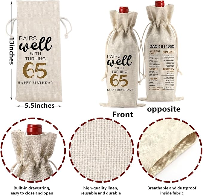 65th Birthday Gifts for Women Men, Gifts for 65 Year Old Man Grandparents Wine Gift Bag, Wine Accessories Gifts Anniversary 65th Birthday Decorations Wine Bag Wine Bags for Wine Bottles Gifts