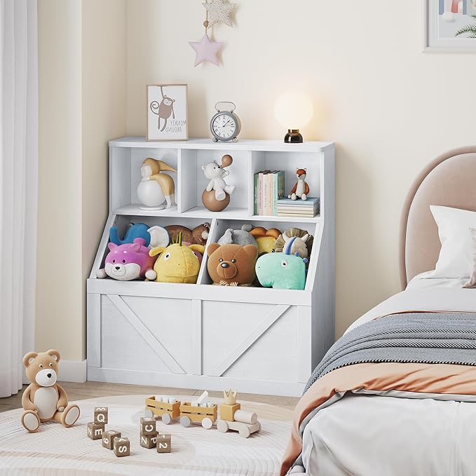 Kids Bookshelf and Toy Storage, Kids Toy Storage Organizer, Toy Storage Cabinet with Toy Shelf, Toddler Bookshelf Toy Organizer and Storage Bins for Playroom, Bedroom, Nursery, Classroom, Daycare