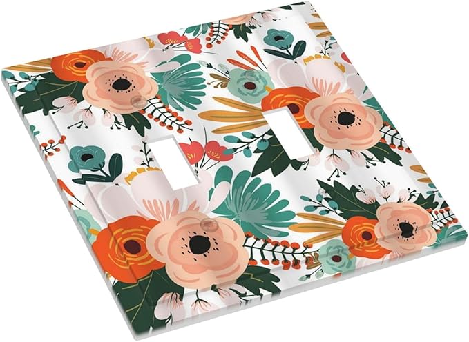 Rustic Floral Boho Colorful Flower Double Toggle Light Switch Covers 2 Gang Wall Plate Dual Decorative Switchplate Electrical Faceplate for Farmhouse Bathroom Bedroom Kitchen Decor