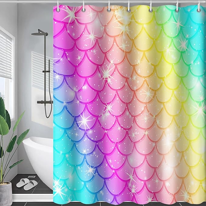 AILONEN Mermaid Scale Shower Curtain,Rainbow Mermaid Scale Bath Curtain Gifts for Girls,Polyester Waterproof for Bathroom with 12 Plastic Hooks 60" W*72" H