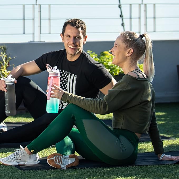 Prometheuz 32oz Water Bottle with Straw, Motivational Water Bottle with Time Marker, Water Bottles Leakproof & BPA-Free for Sports, Work and Fitness Rose Mint