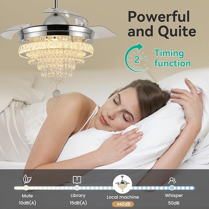 LEONTYNE 42" Modern Fandeliers Chandelier Ceiling Fan LED Dimmable Crystal Ceiling Fan with Light and Remote 6 Speed 3 Blades Retractable Fans for Bedroom Living Dining Room