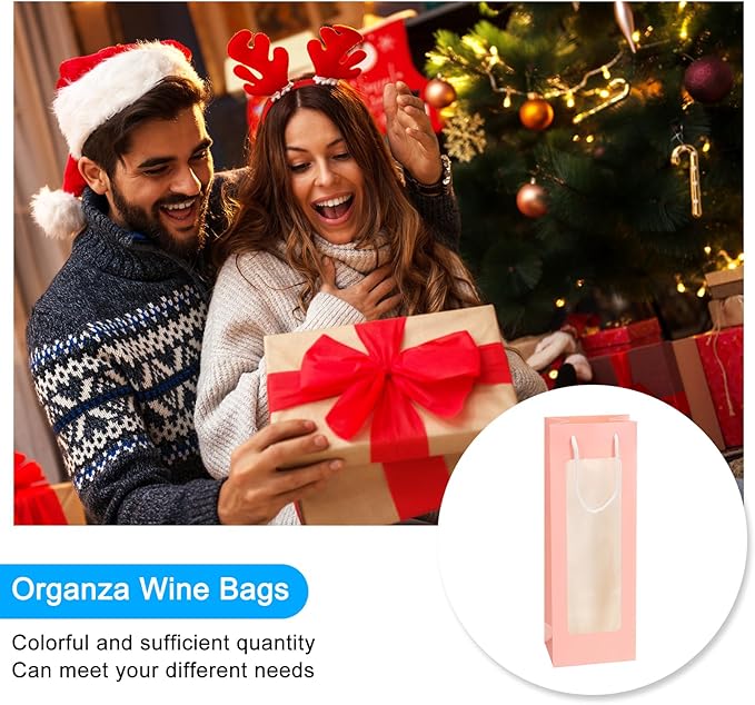 uxcell Wine Bags, 20pcs 4.92"x3.35"x14.2" Wine Gift Bags with Rope Handles, Paper Wine Tote Bag with Clear Window for Wedding Birthday Christmas Party Supplies, Pink