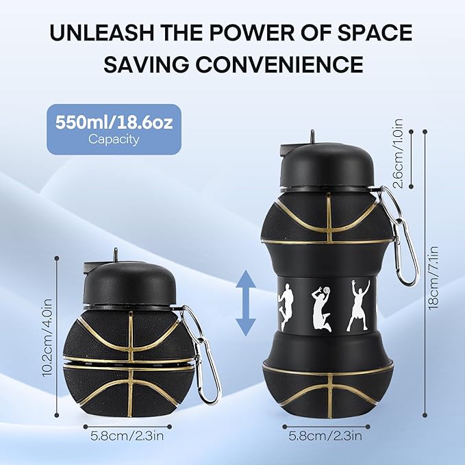 Kids Sports Collapsible Water Bottle | Ball Shaped Drinking Cup | Foldable BPA Free Leakproof Lightweight Silicon Jug | School Lunch Mug Team Gift Travel (Basketball Black 550ml/18.6oz)