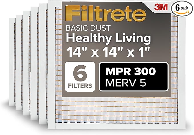 Filtrete 14x14x1 Air Filter, MPR 300, MERV 5, Clean Living Basic Dust 3-Month Pleated 1-Inch Air Filters, 6 Filters