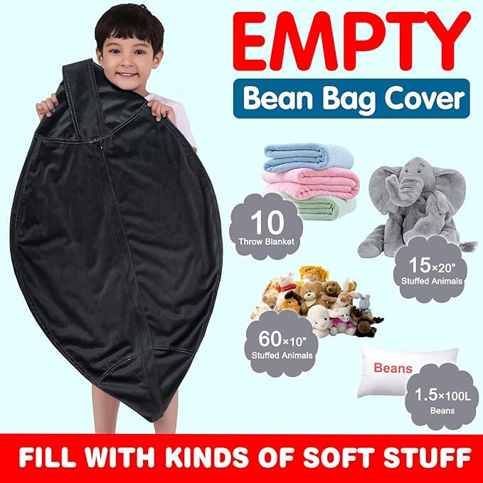 Lukeight Stuffed Animal Storage Bean Bag Chair Cover for Kids, Zipper Beanbag Chair Cover for Organizing Toddler and Kids' Rooms Plush Toys (Black, Large)