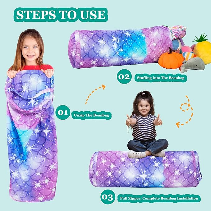 Stuffed Animal Bean Bag Storage Chair for Kids Cover Only (No Filler), Organize, Sit, Play & Boxing, 100% Cotton Canvas Washable, Ultra Soft Cylinder Long Vertical Zipper Best Gift for Child