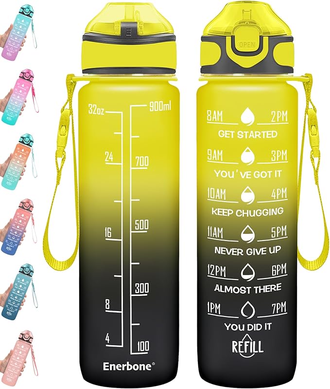 Enerbone 32 oz Drinking Water Bottle with Times to Drink and Straw, Motivational with Carrying Strap, Leakproof BPA & Toxic Free, Ensure You Drink Enough Water for Fitness Gym Outdoor