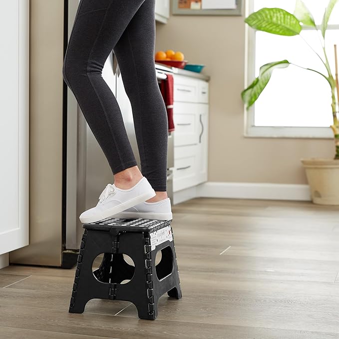 Casafield 11" Folding Step Stool with Handle, Black - Portable Collapsible Small Plastic Foot Stool for Kids and Adults - Use in The Kitchen, Bathroom and Bedroom