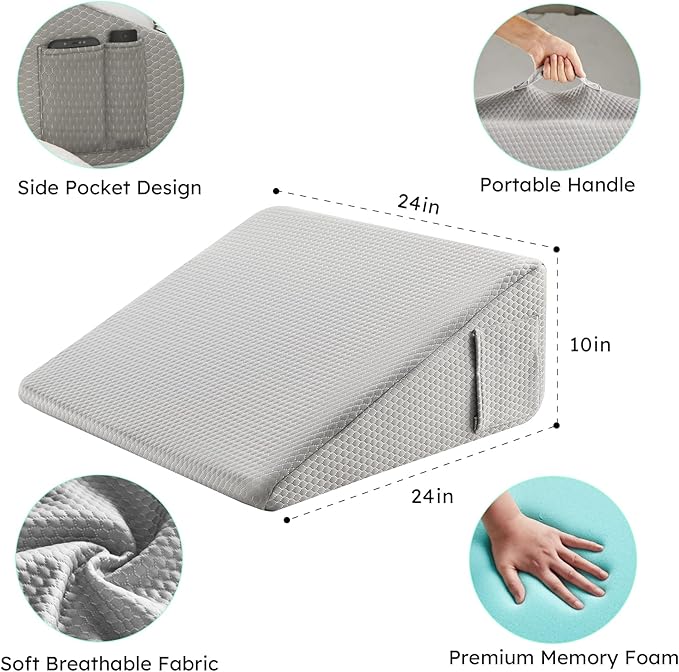 Wedge Pillow for Sleeping, 10 inch Elevated Support Bed Wedge Pillow, Breathable Triangle Pillow Wedge with Cooling Memory Foam Top - Removable Washable Cover, Grey