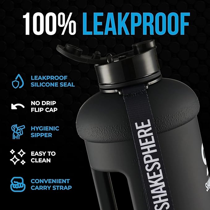SHAKESPHERE Large Sports Water Bottle - BPA Free Hydration Jug, Black - Ideal for Sports, Camping, Outdoor, Biking & Kids… (Matte Black, 1.3L)