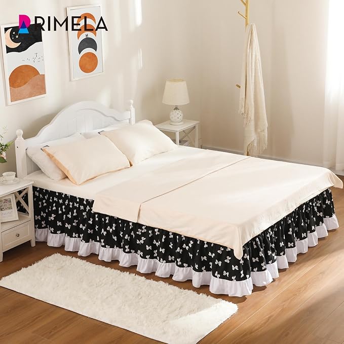 RIMELA Black Elastic Bed Skirt Queen Szie 16 inch Drop, Bedskirt Easy to Put On, Solid Wrap Around Dust Ruffle, Fade Resistant Silky Fabric Machine Washable