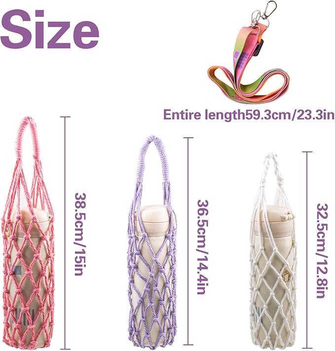 3 Pcs Macrame Water Bottle Carrier, Cotton Water Bottle Bag Crochet Bottle Bag with 3 Colorful Adjustable Shoulder Strap Boho Bottle Sling Bag Wine Bottle Carrier for Gym Hiking Camping Cycling