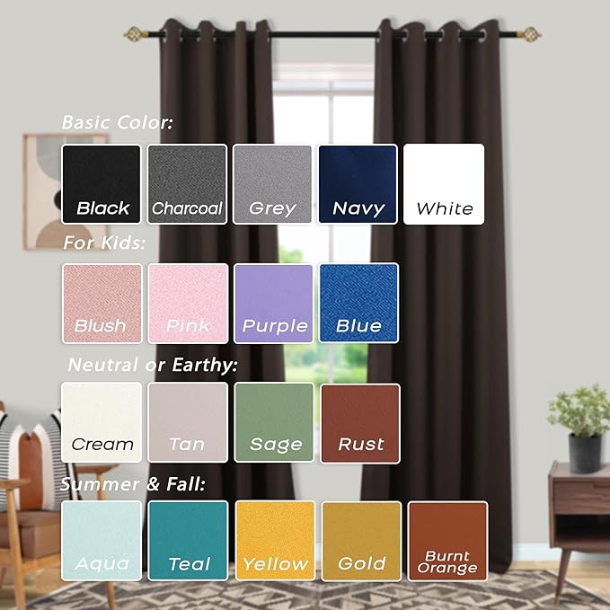 Dark Brown Blackout Curtains 2 Panels,Grommet Dark Academia Moody Curtains for Bedroom Bathroom 63 Inch Length,Coffee Colored