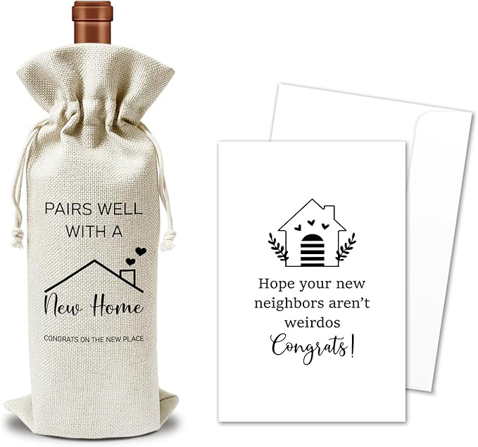 Housewarming Wine Gift Bags & Card, First New Home House Gifts for Women Men Wife Husband Friend Home Owner, 1 pcs Reusable Burlap Wine Gift Bags for Wine Bottles, Housewarming Party Decor Favor -34