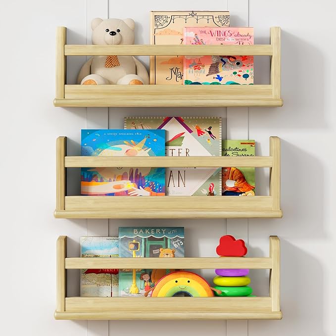 Wooden Wall Bookshelf for Kids Room, Natural Wood Floating Nursery Book Shelves for Baby Toddler Child Bedroom, Cute Wall Mount Bookshelves for Teen Girls Boys Closet Classroom Library