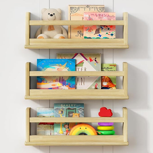 Wooden Wall Bookshelf for Kids Room, Natural Wood Floating Nursery Book Shelves for Baby Toddler Child Bedroom, Cute Wall Mount Bookshelves for Teen Girls Boys Closet Classroom Library
