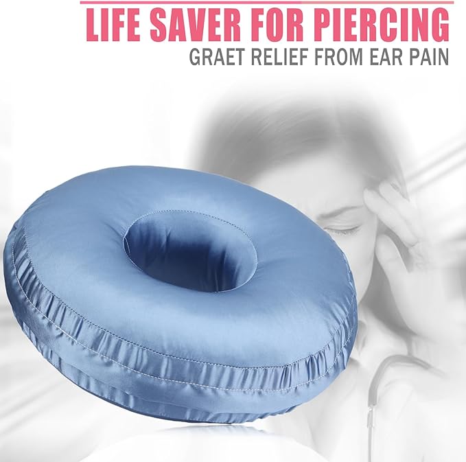 Satin Ear Piercing Pillow Removable Cover Luxury Cnh Pillow with Ear Holes for Ear Pain Side Sleepers Washable Large Donut Pillows Head Neck Support HazeBlue