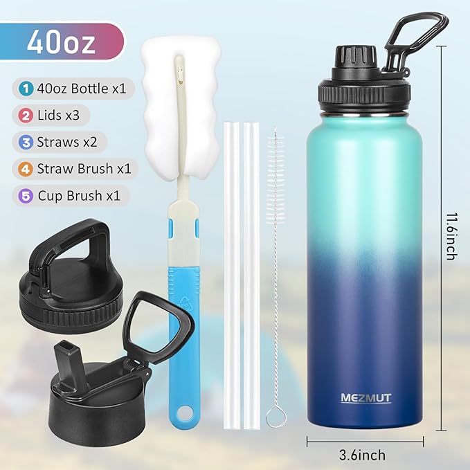Insulated Water Bottle with Straw&3 Lids 40oz Stainless Steel Water Bottles Sports Metal Water Bottle Double Walled Vacuum Insulated Bottles Thermos Leak-Proof Travel Thermal (Gradient Blue)